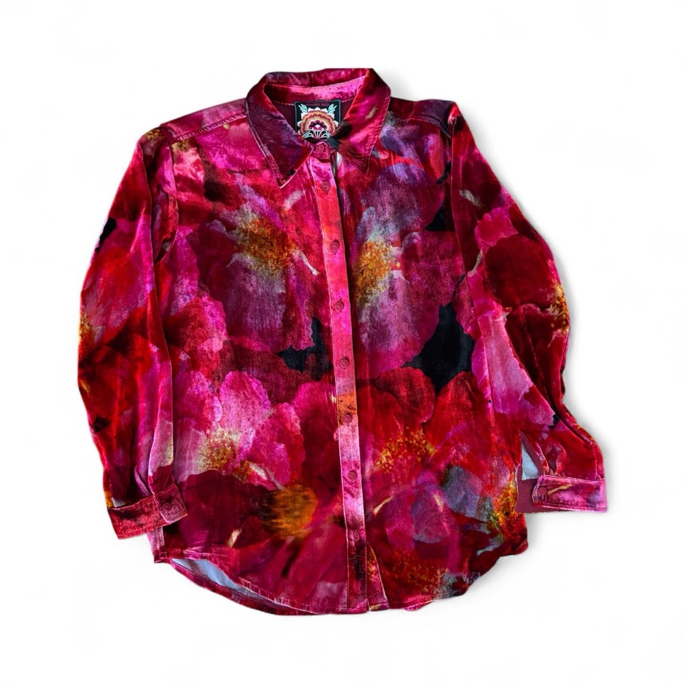 NWT JOHNNY WAS Velvet Oversized Shirt in Ruby Bloom